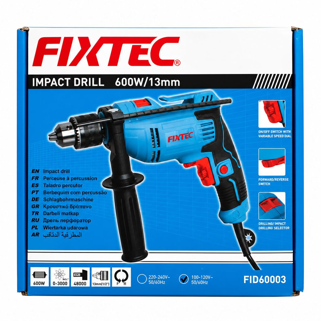 FIXTEC impact drill packaging with blue and black design