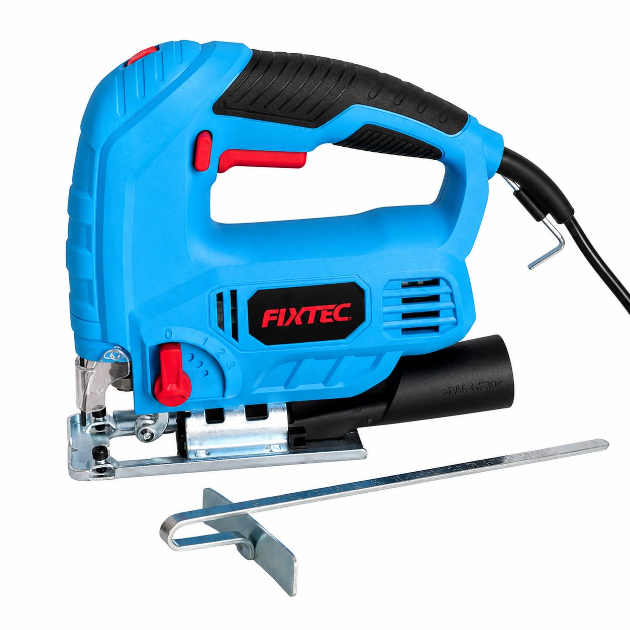 Blue jigsaw with black handle and red accents on a white background, featuring the Fixtec brand.