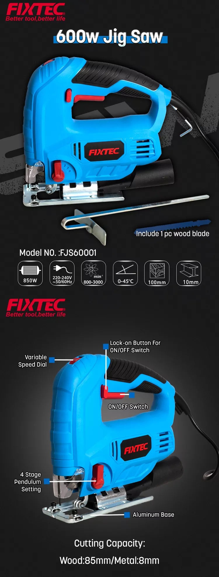 FIXTEC 600w Jig Saw with specifications on a black background
