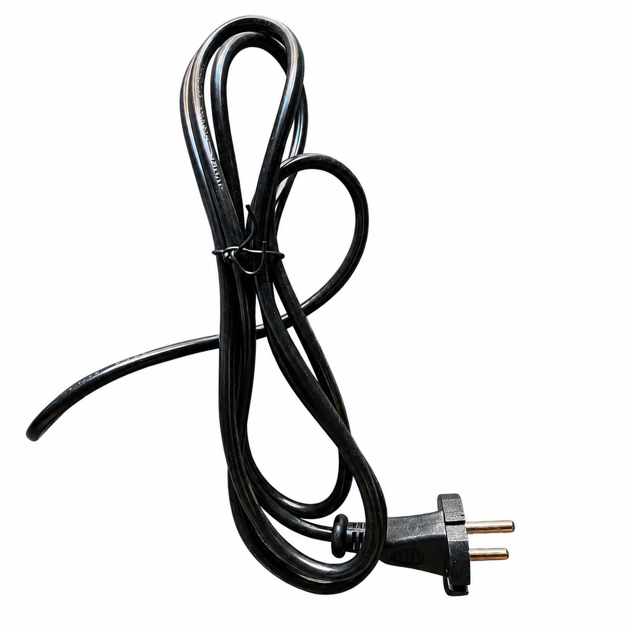 Black electrical cable with a plug on a white background