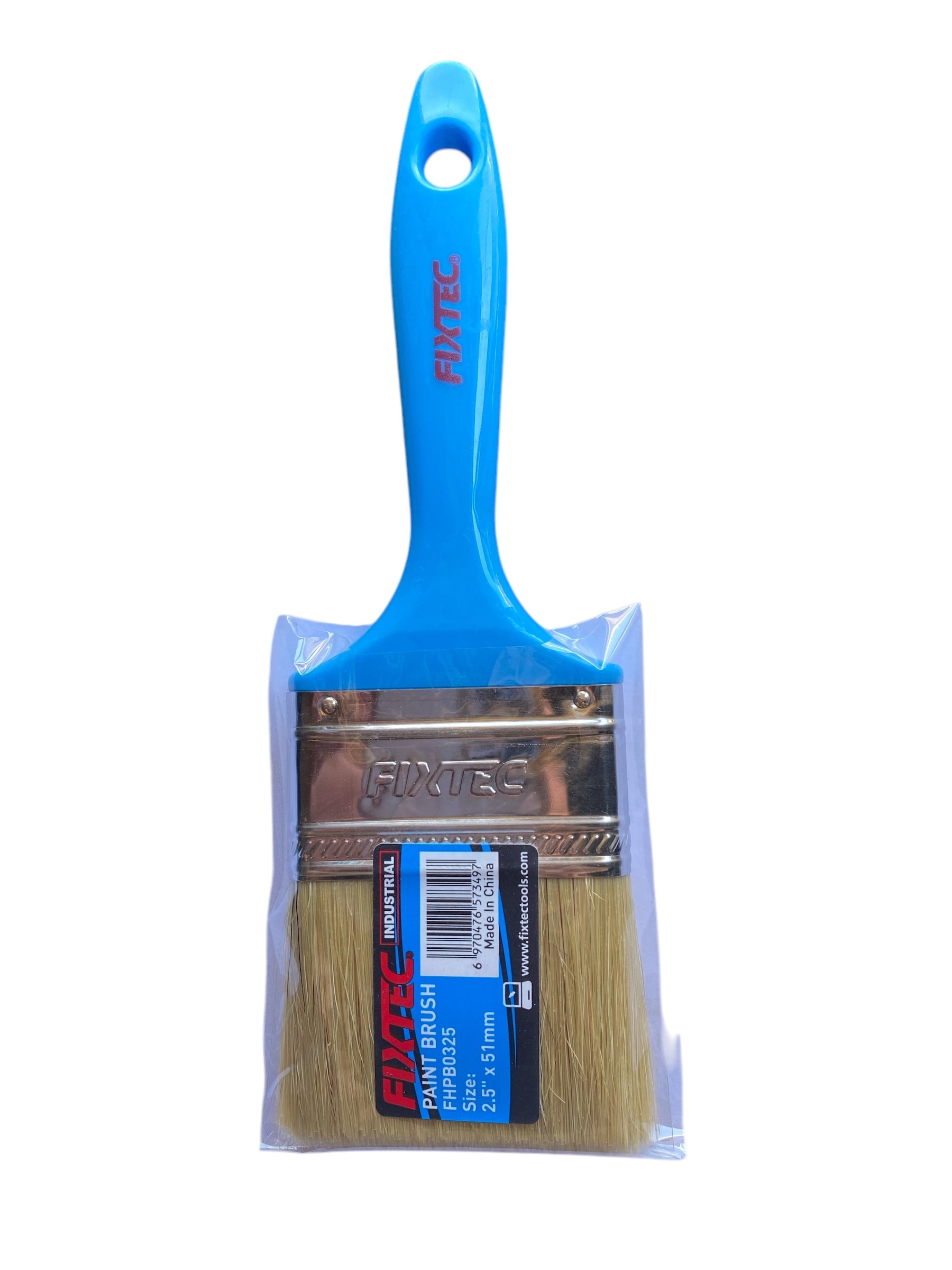 Paint brush with blue handle and packaging on a white background