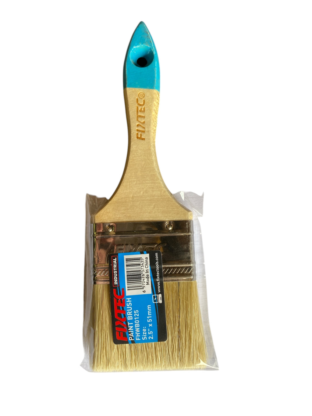 Paint brush with blue ferrule and wooden handle in packaging on a white background