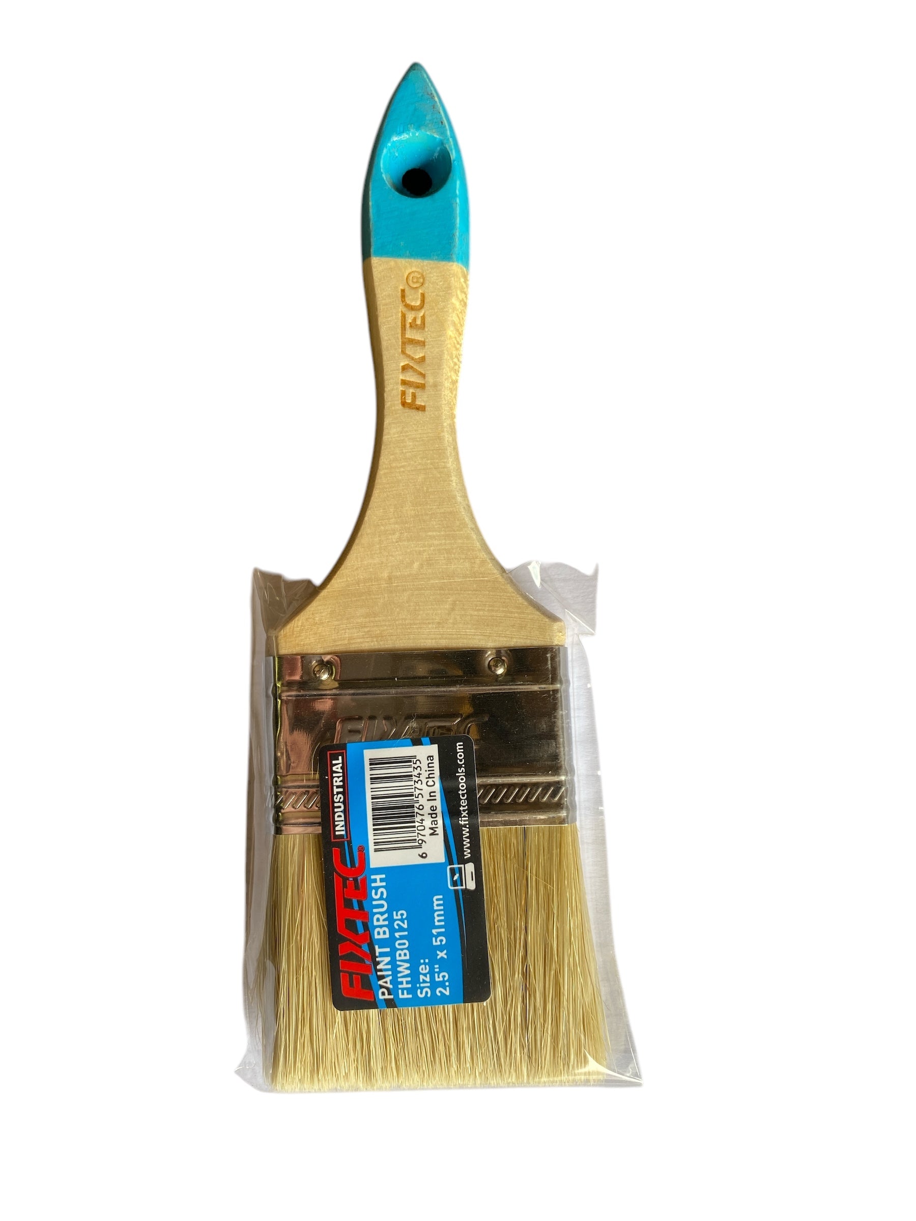 Paint brush with blue ferrule and wooden handle in packaging on a white background