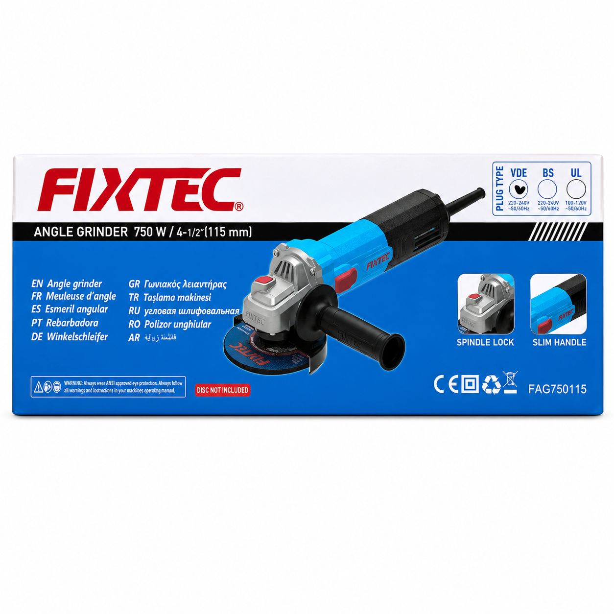 FIXTEC angle grinder packaging with product image on a white background