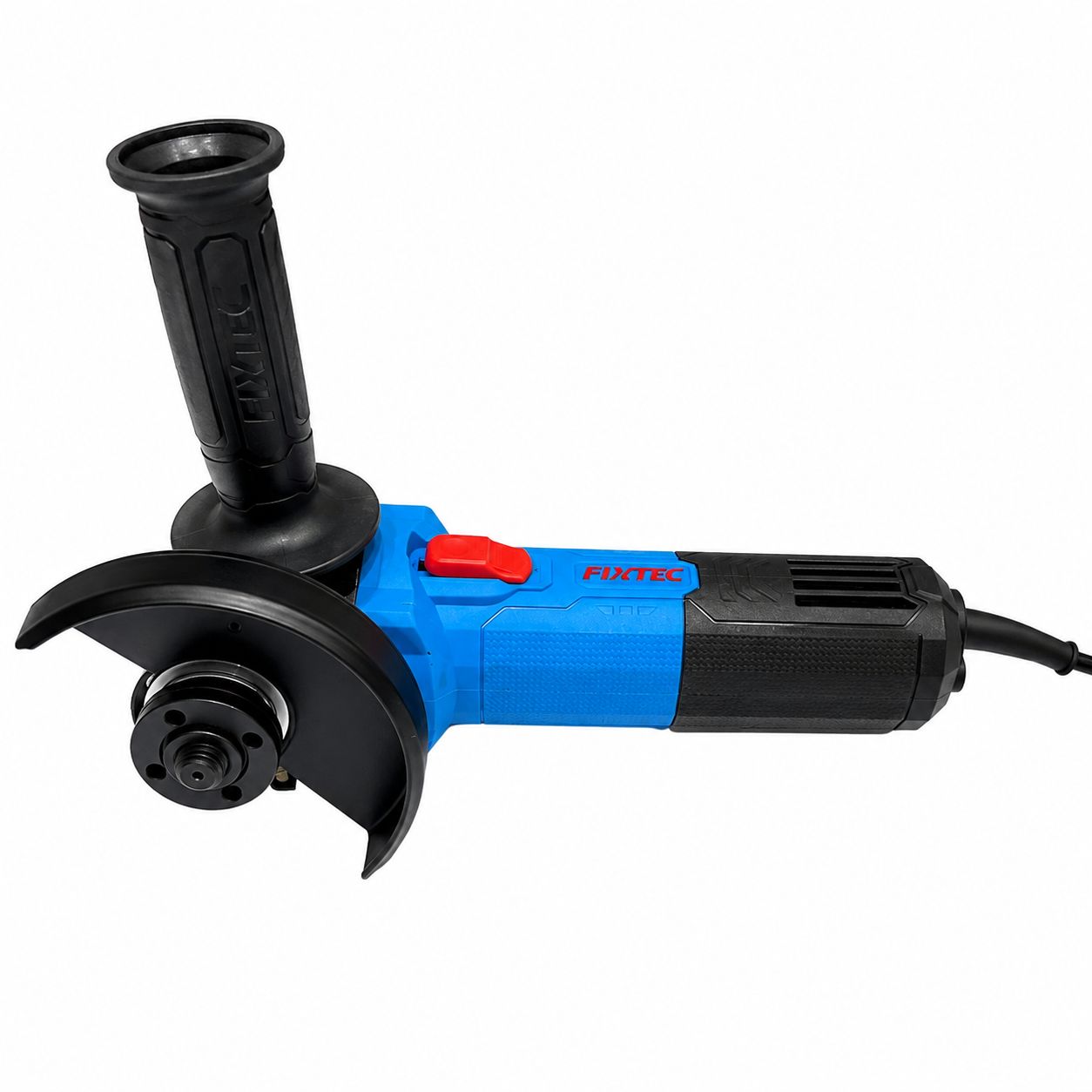 Blue and black angle grinder with visible brand logo on a white background