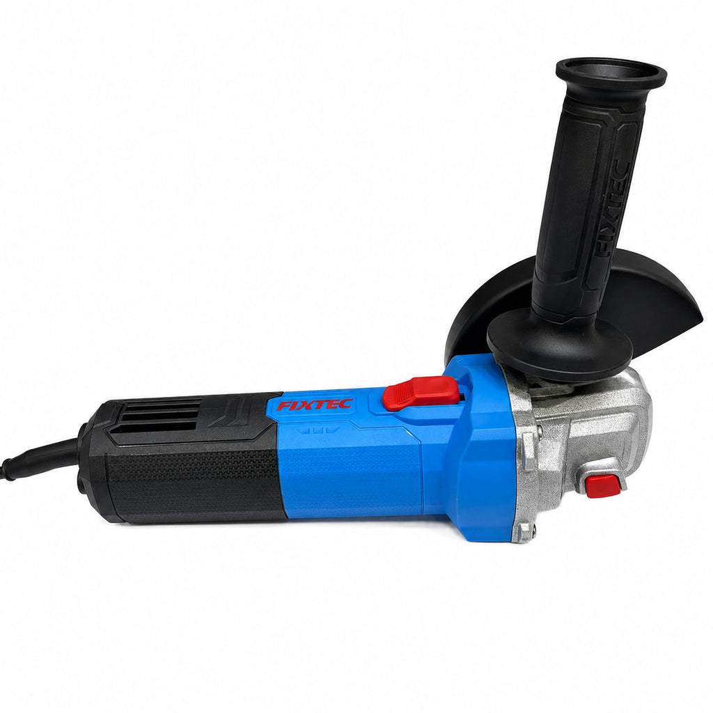 Blue and black angle grinder on a white background