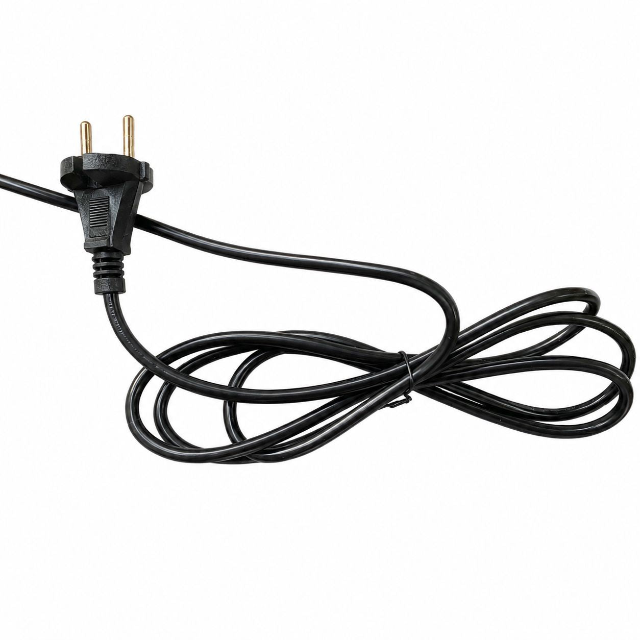 Black electrical cable with plug on a white background