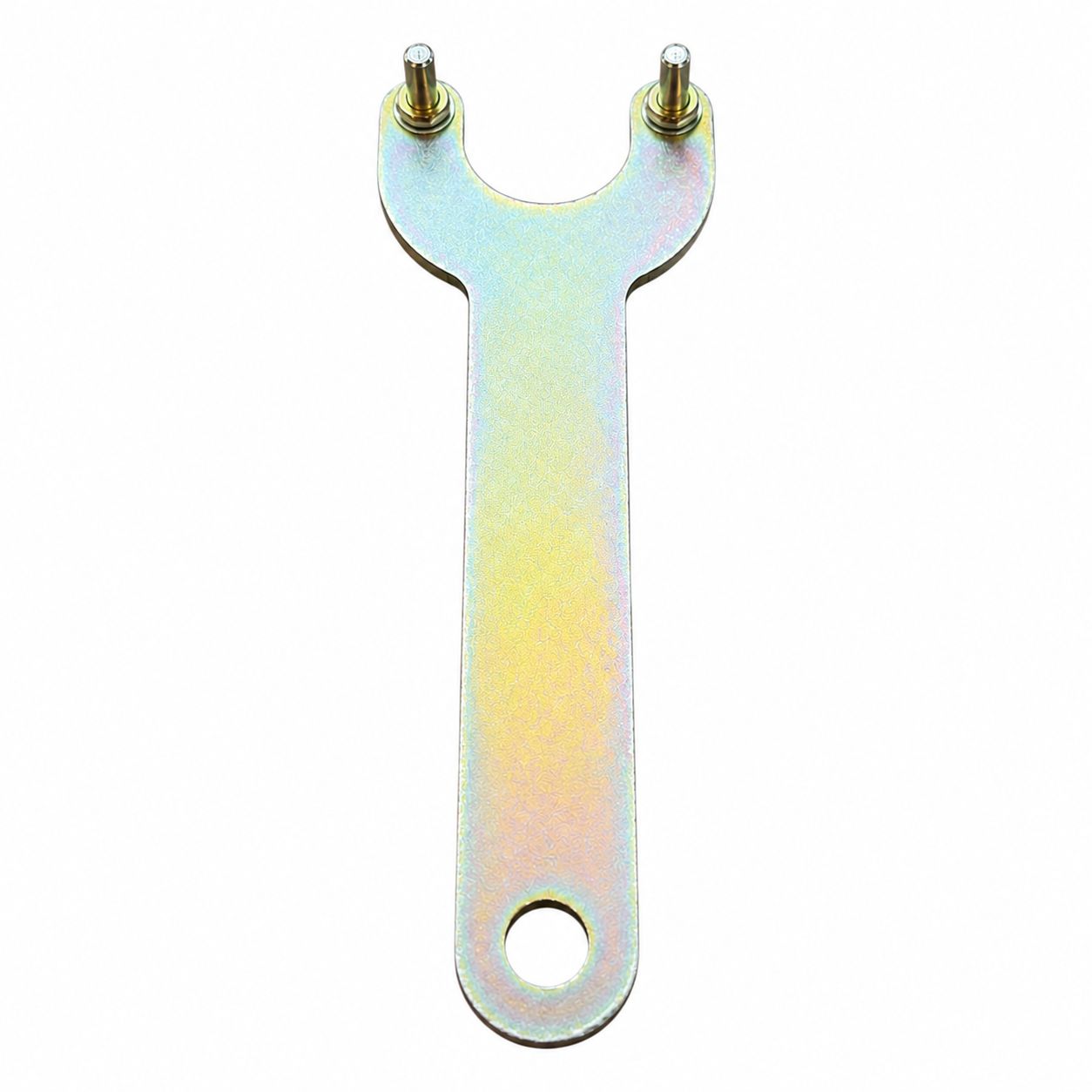 Metal wrench with a colorful iridescent finish on a white background