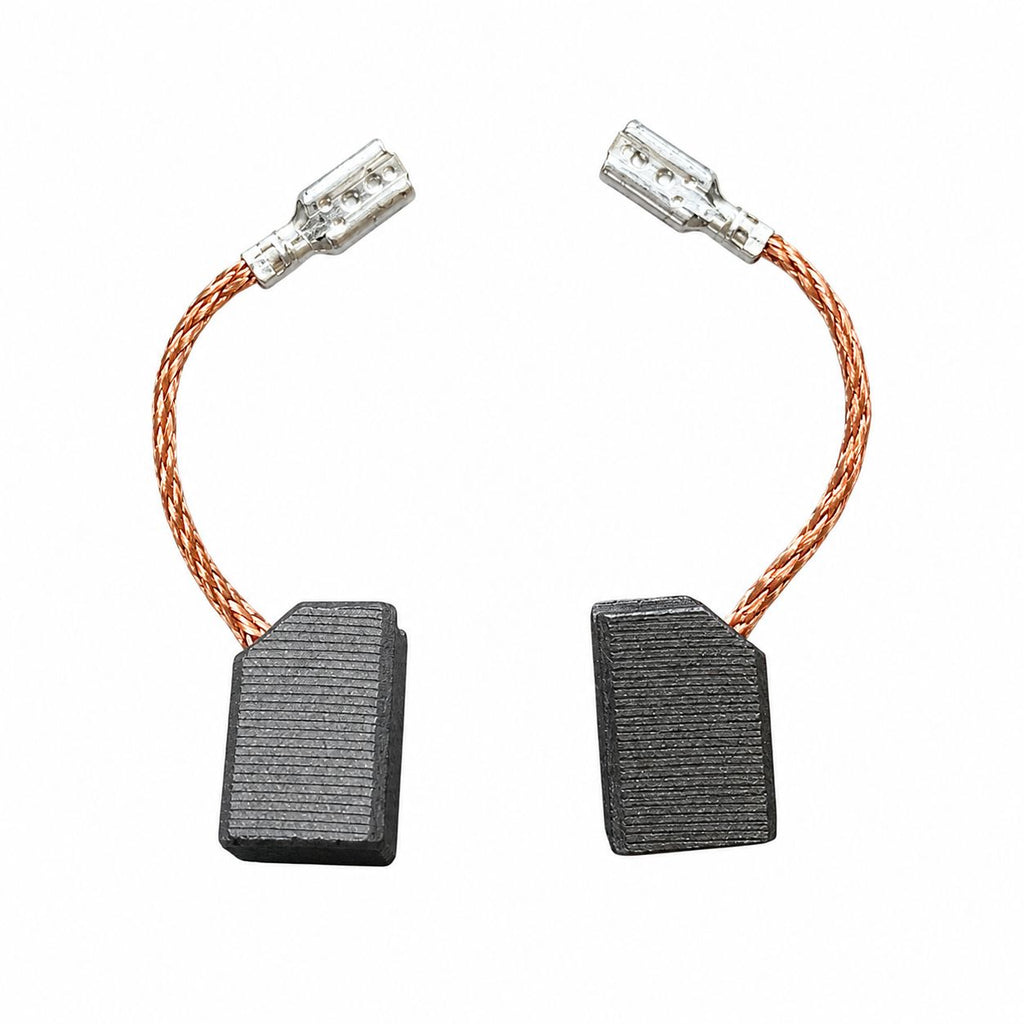 Two carbon brushes with copper leads on a white background