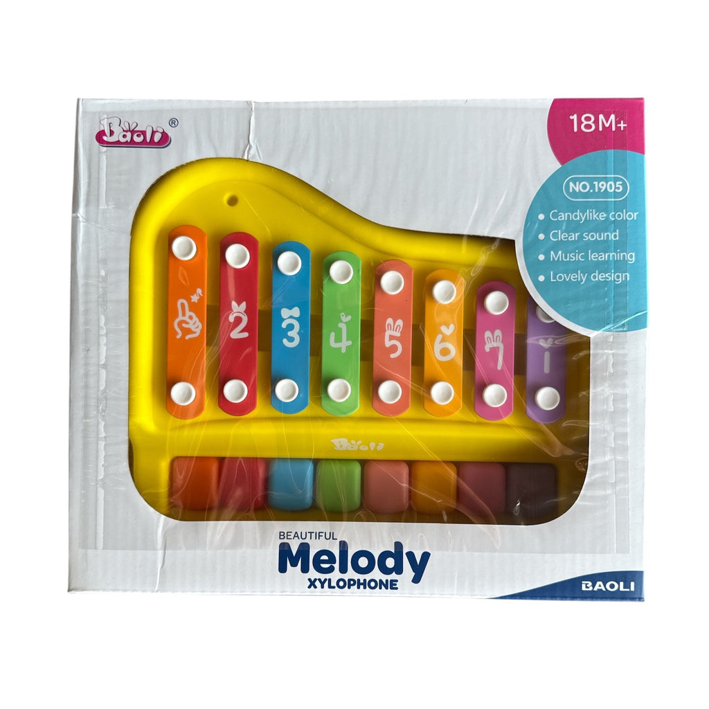 Colorful xylophone toy in packaging with 'BAOLI' branding on a white background