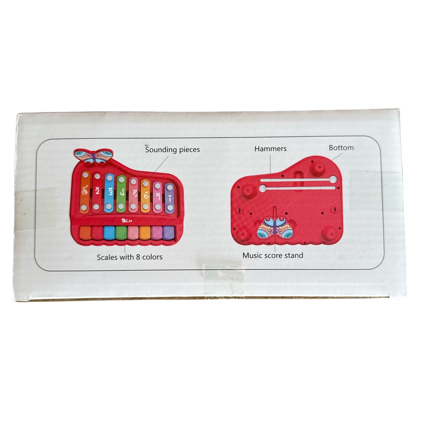 Box with illustrations and text describing components of a children's musical instrument set.