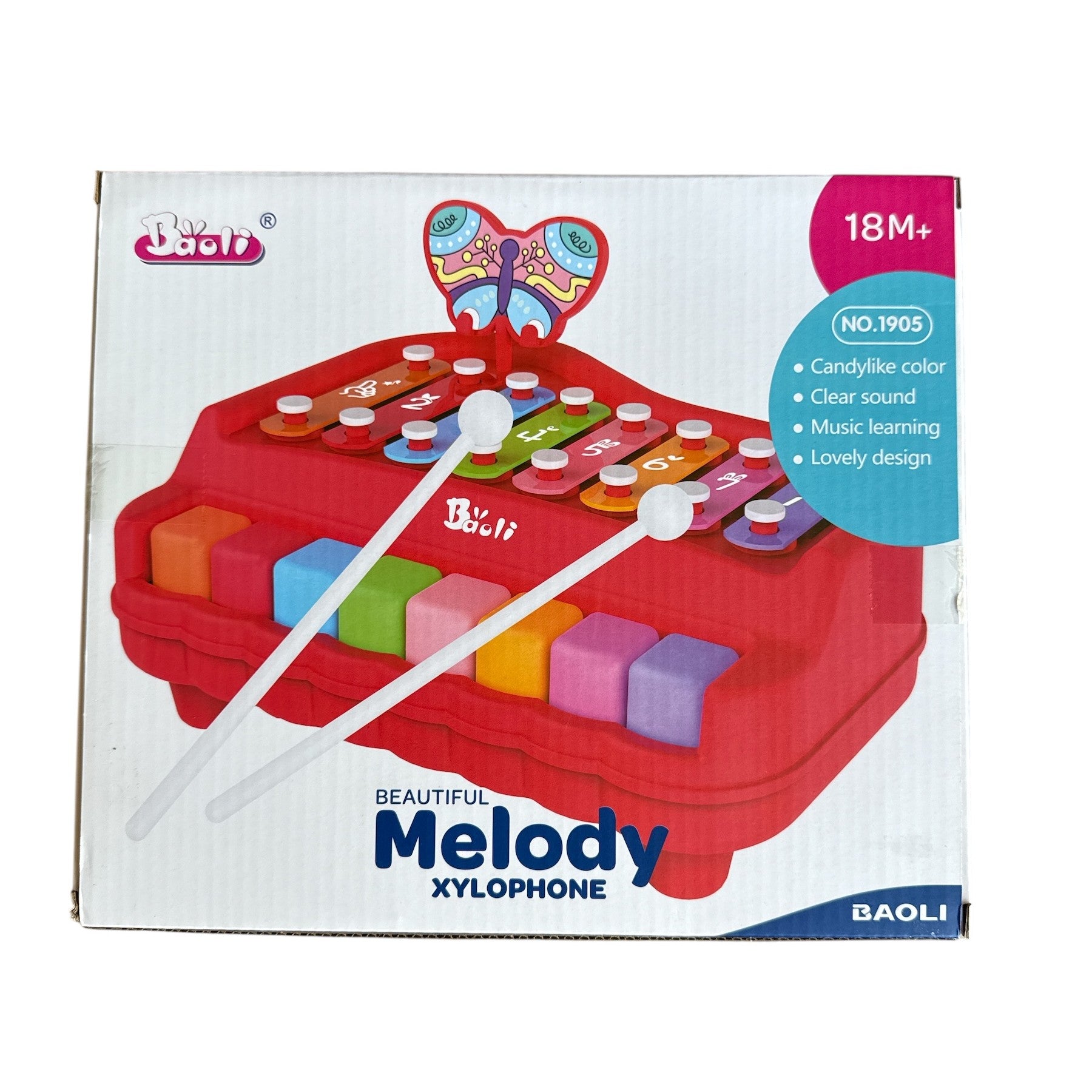 Box of a colorful xylophone toy with brand name BAOLI on a white background