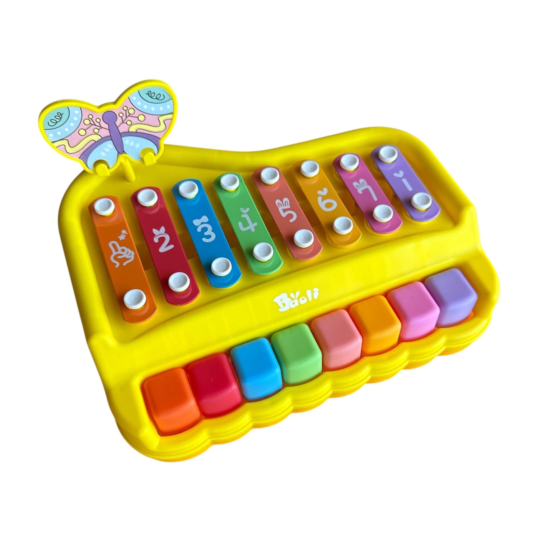 Colorful toy keyboard with xylophone keys on a white background