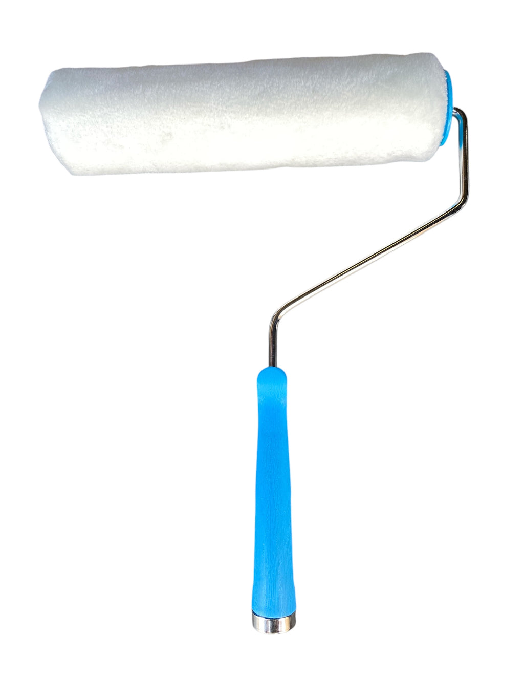 Paint roller with blue handle on a white background