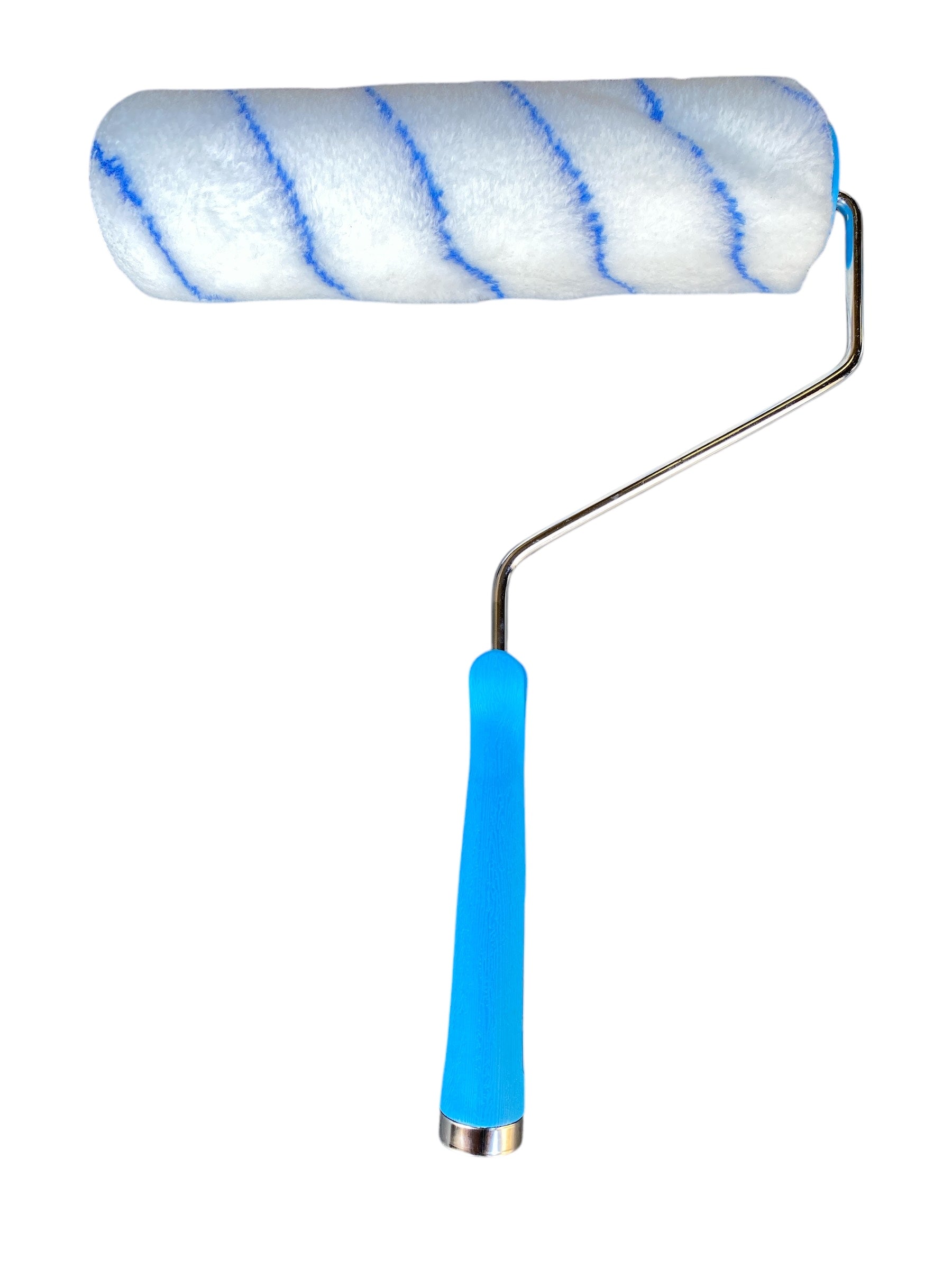 Paint roller with blue handle and white roller sleeve on a white background
