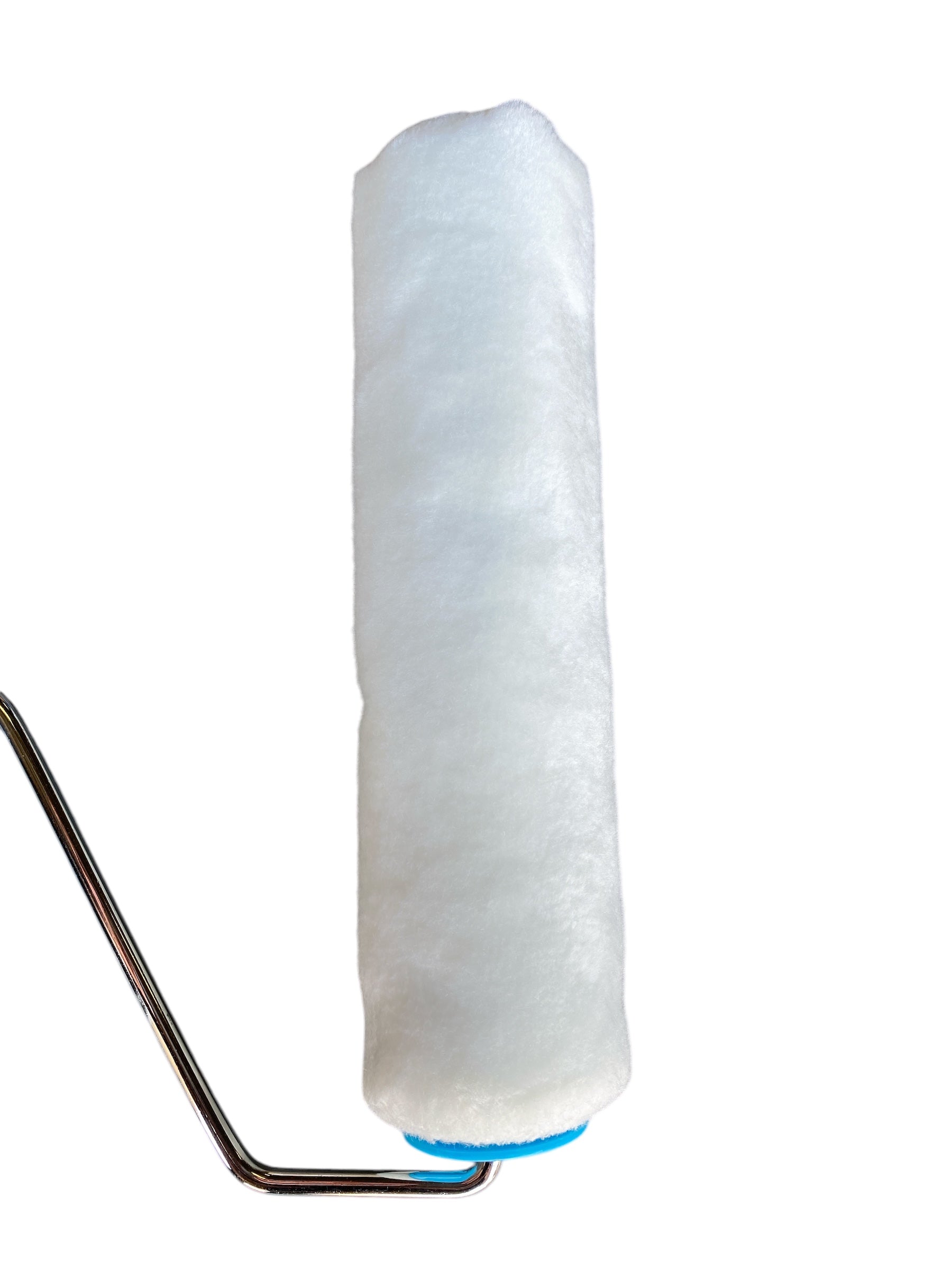 Paint roller with white roller sleeve on a white background
