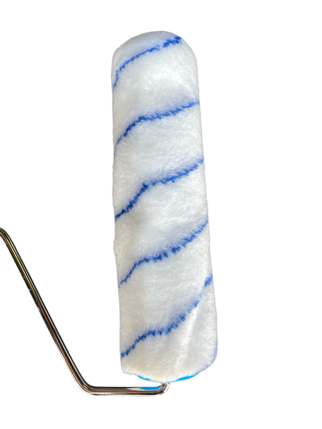 Paint roller with white sleeve and blue stripes on a white background