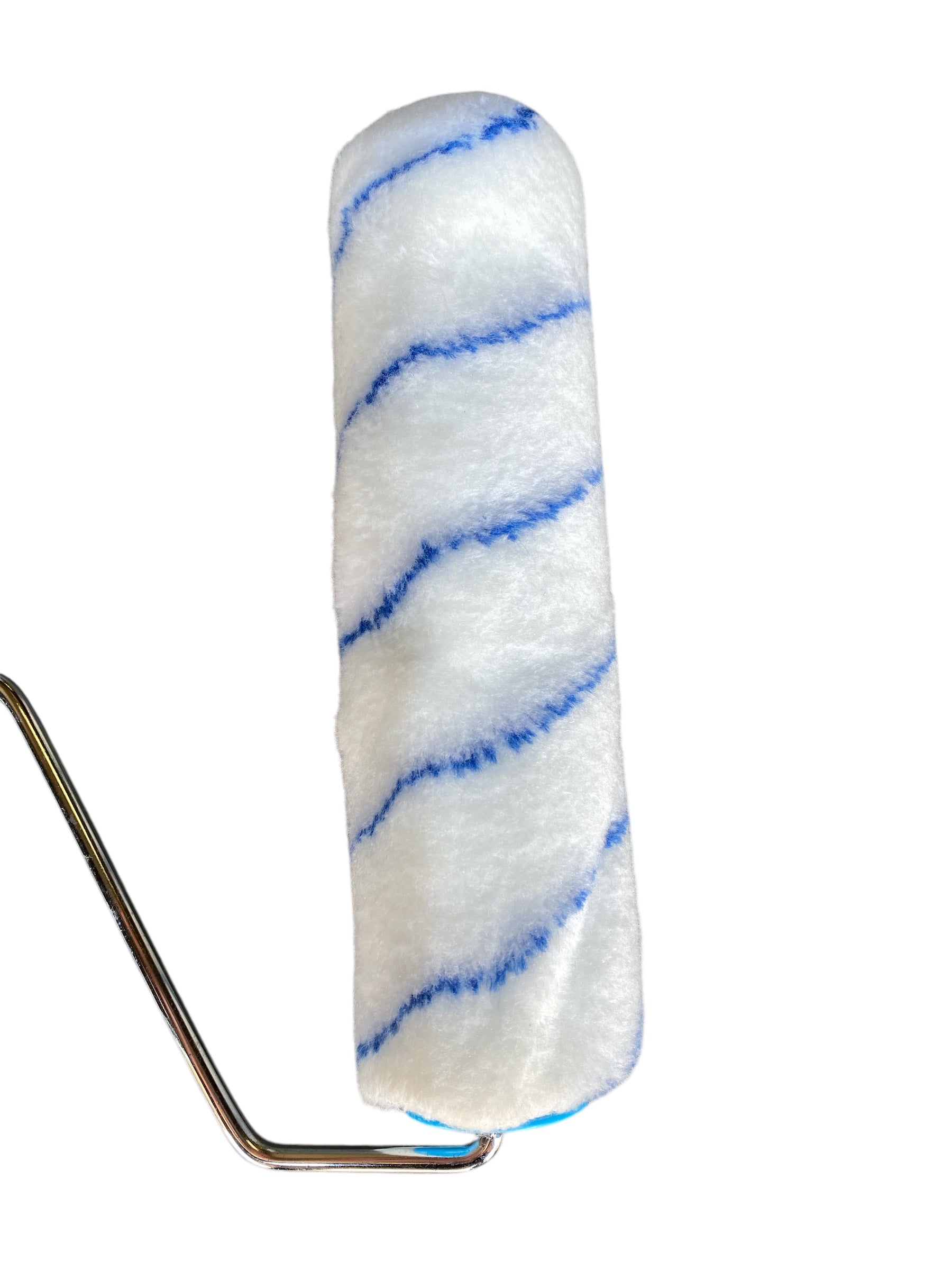 Paint roller with white sleeve and blue stripes on a white background