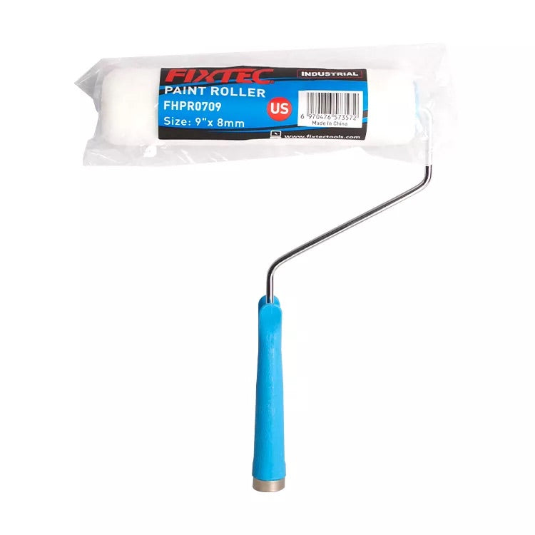 Paint roller with blue handle and white packaging featuring Fixtec branding on a white background