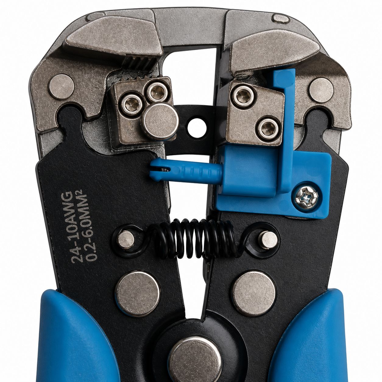 Close-up of a wire crimping tool with blue and black handles on a white background