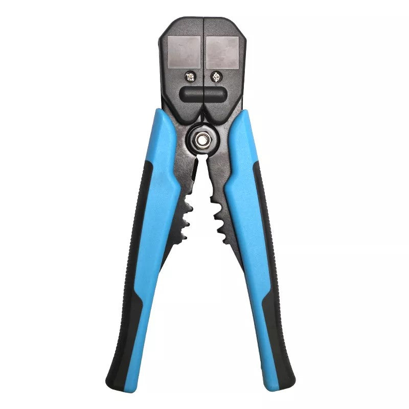 Pair of wire strippers with blue handles on a white background