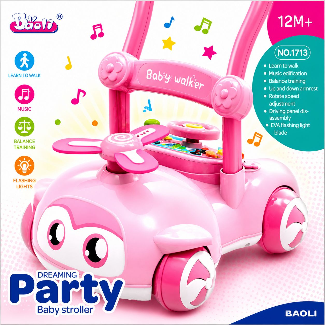 Pink baby walker with colorful features on a white background