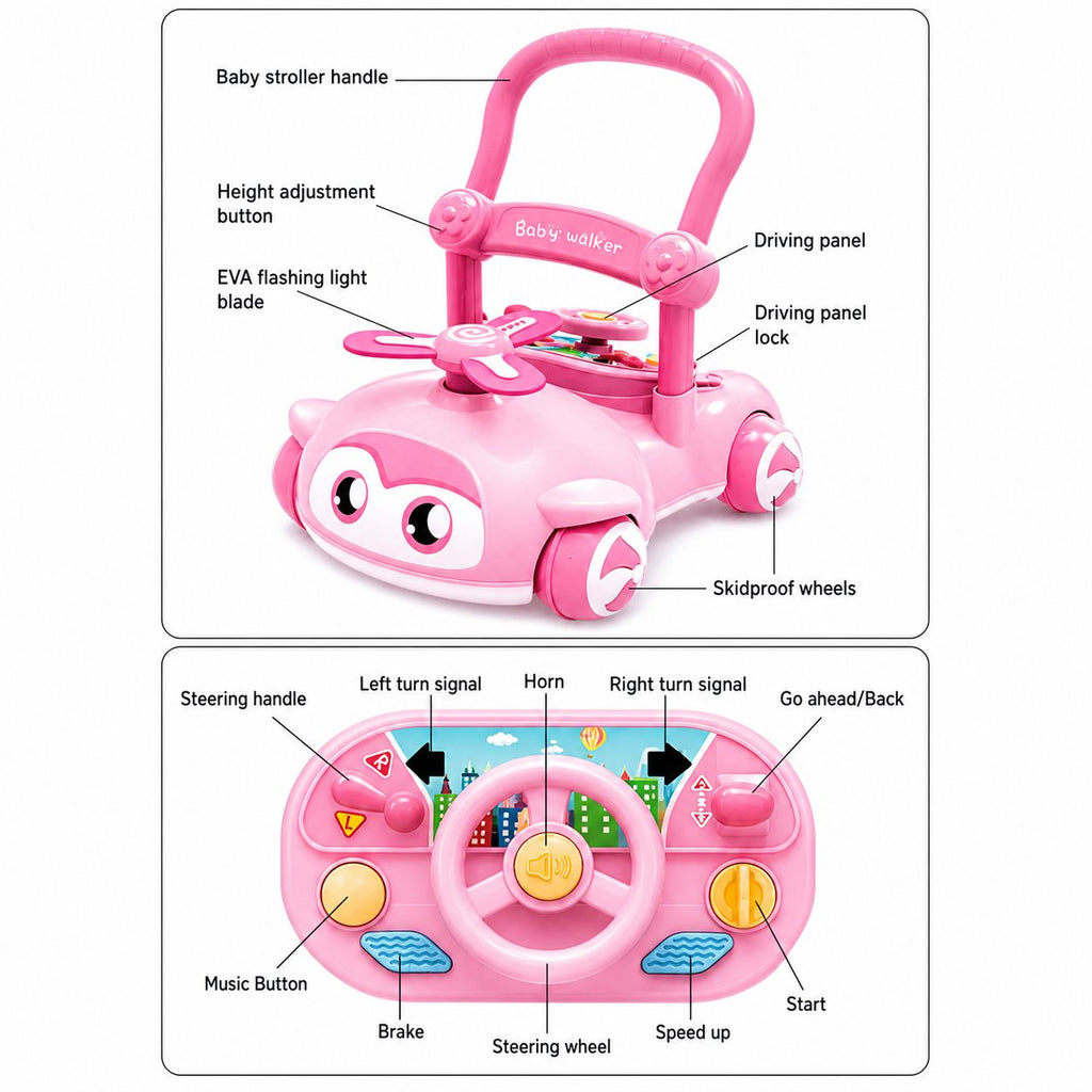 Pink baby stroller with labeled parts on a white background