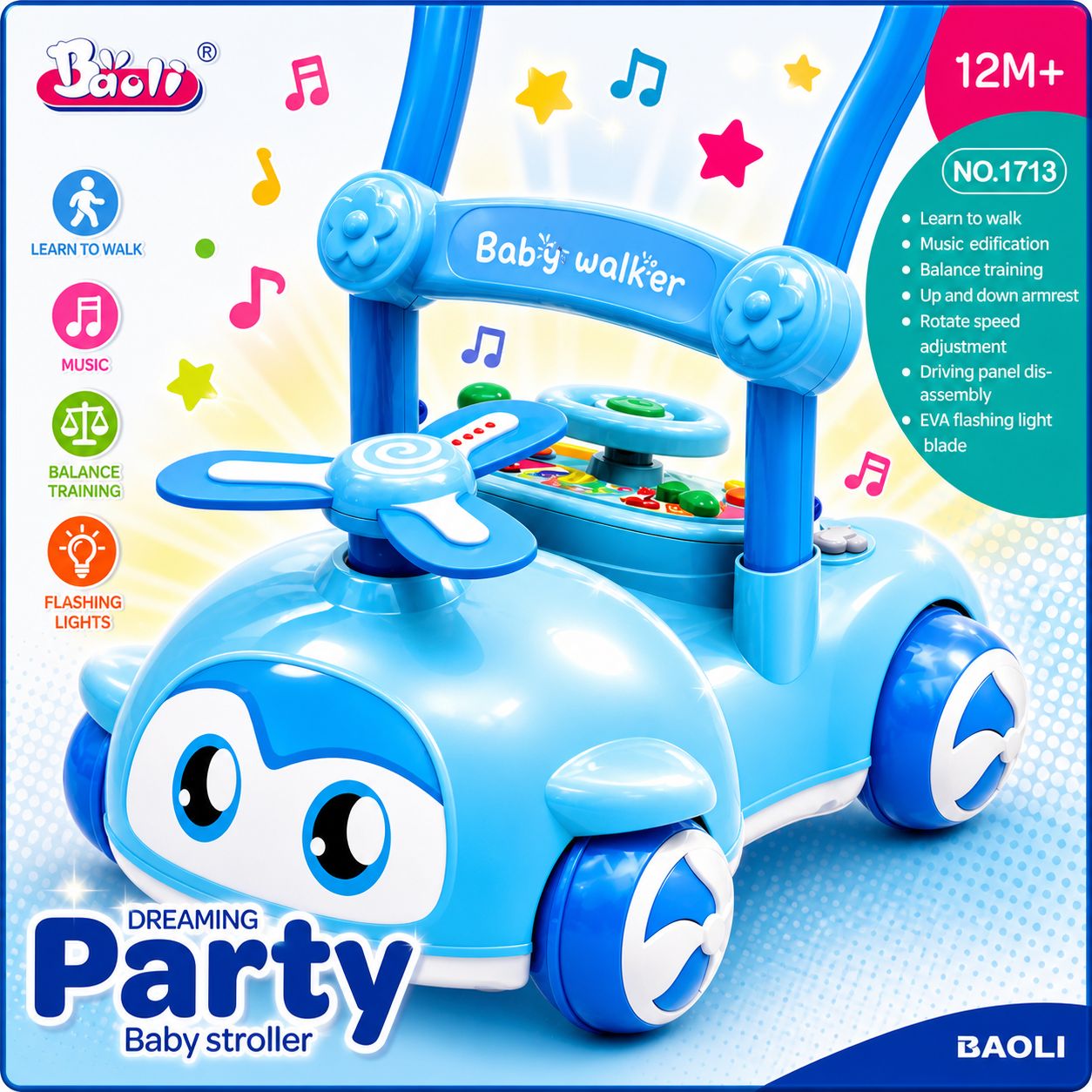 Blue baby walker with colorful accents and text on a light blue background