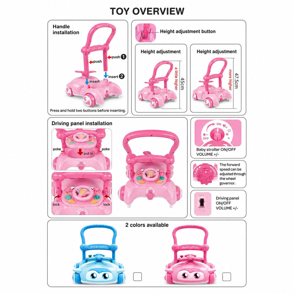 Instructions for a pink baby stroller with height adjustment and driving panel, on a white background.
