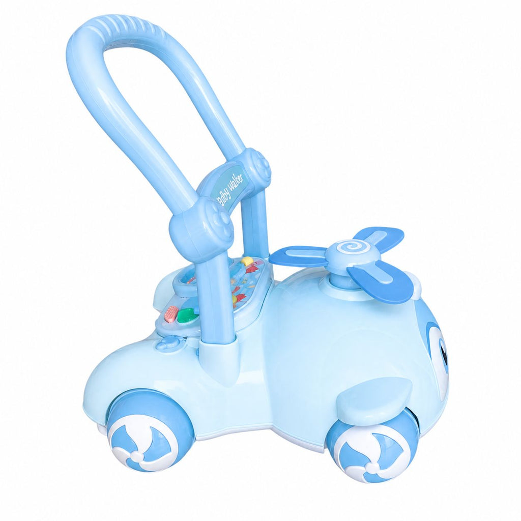 Blue baby toy with handle and wheels on a white background