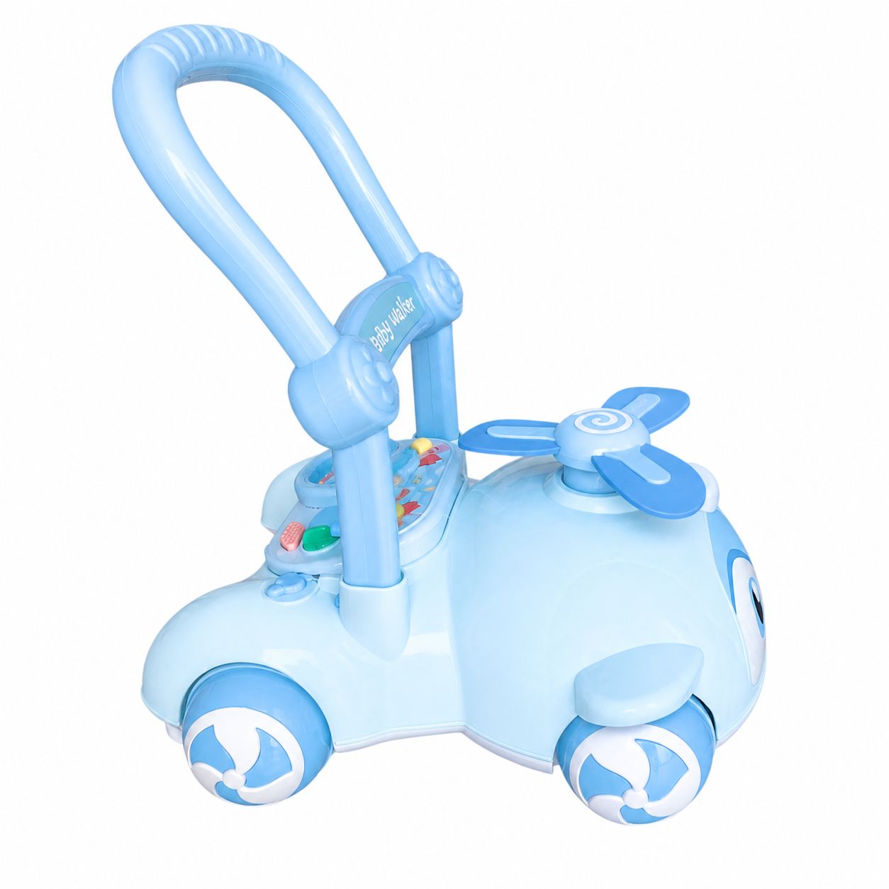Blue baby toy with handle and wheels on a white background