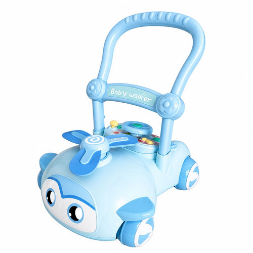 Blue baby walker with cartoon face design on a white background