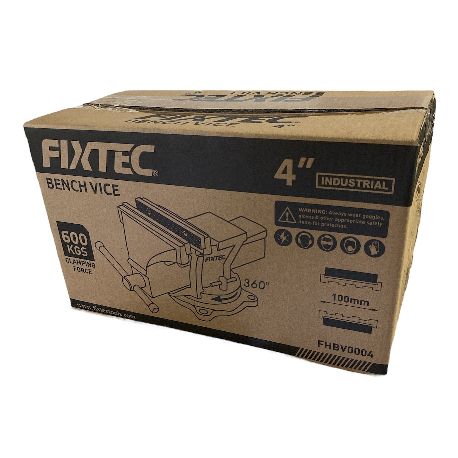 Cardboard box of a Fixtec bench vice on a white background