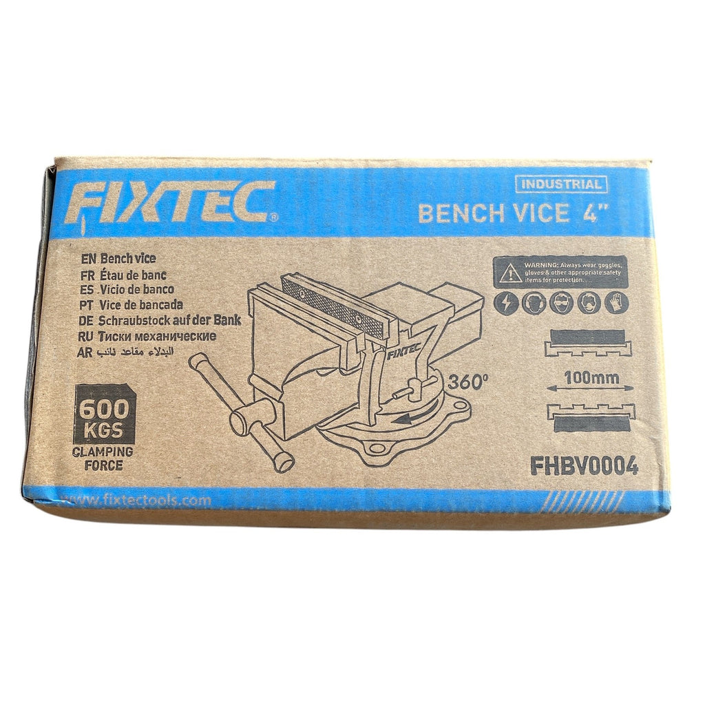Box of Fixtec industrial bench vice with blue and brown design