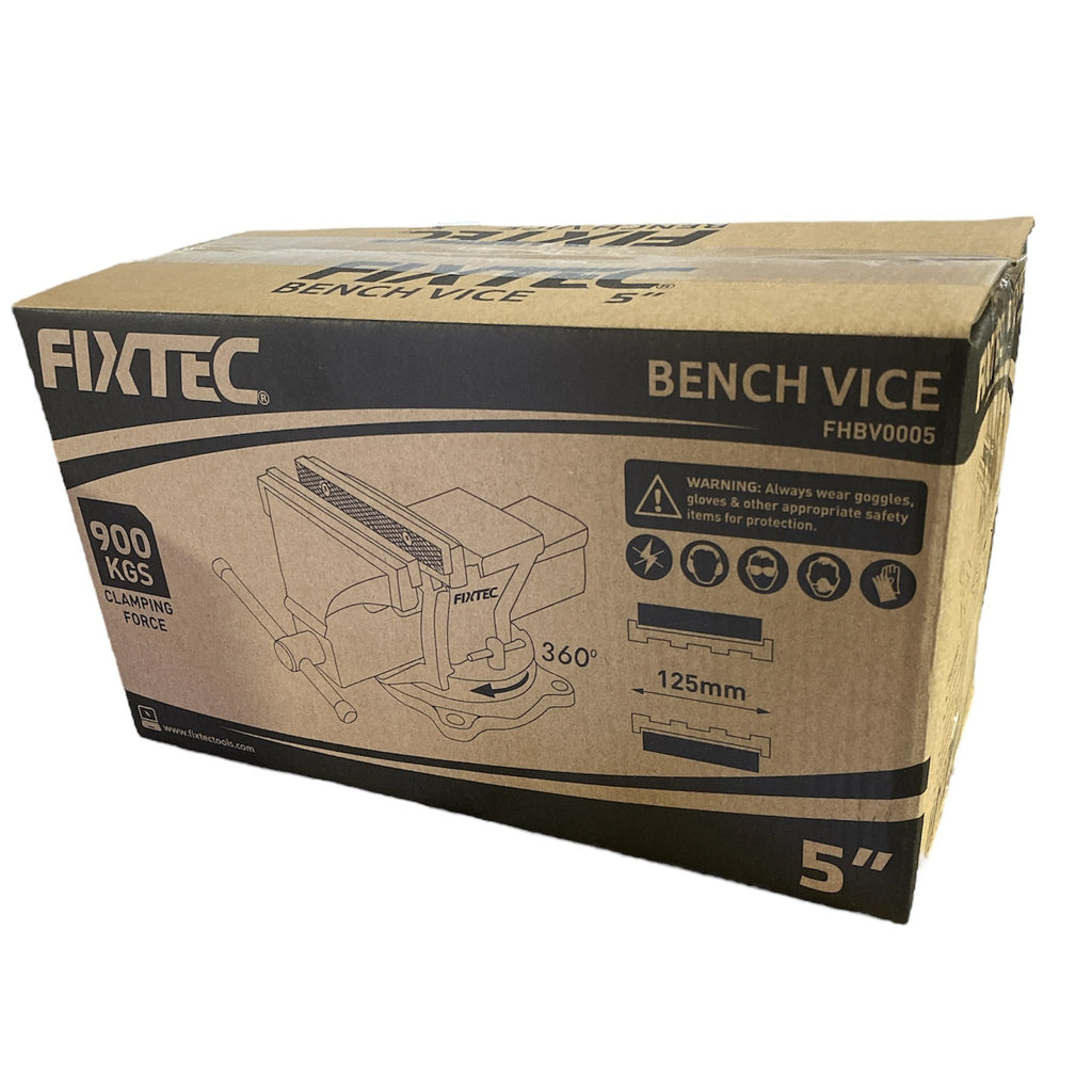 Box of Fixtec bench vice on a white background