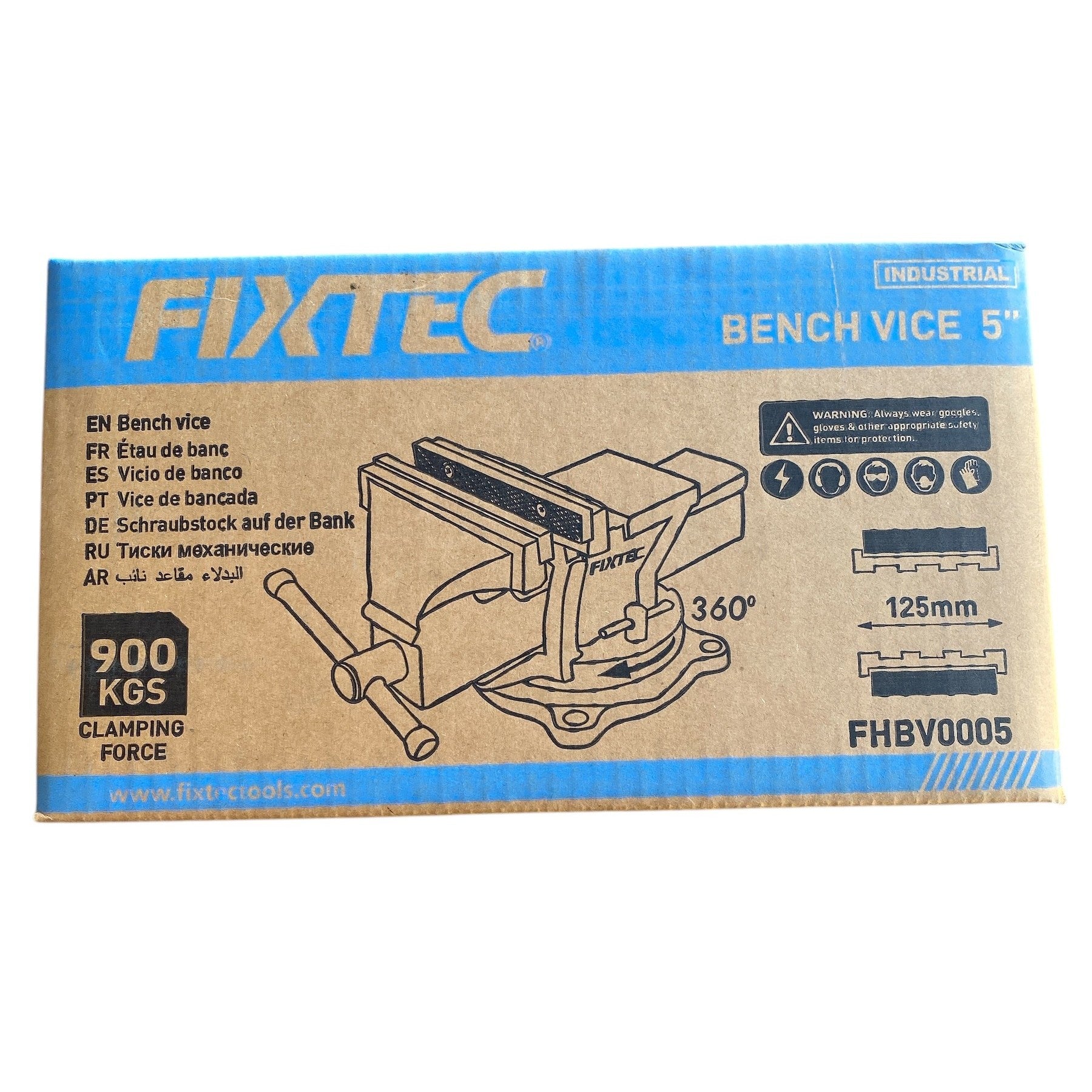 Box of Fixtec bench vice with specifications on a white background