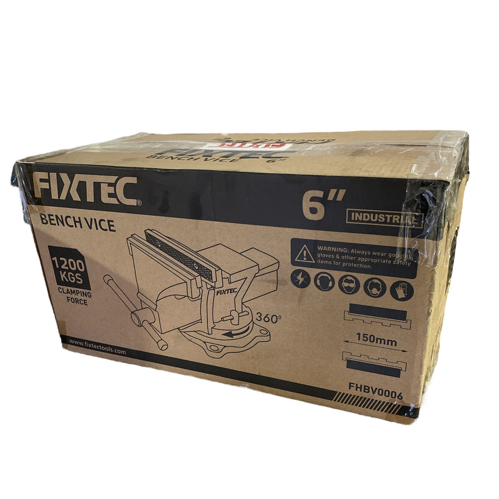 Box of Fixtec bench vice with branding and specifications on a white background