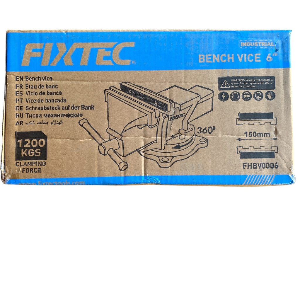 Box of Fixtec bench vice with blue and brown design
