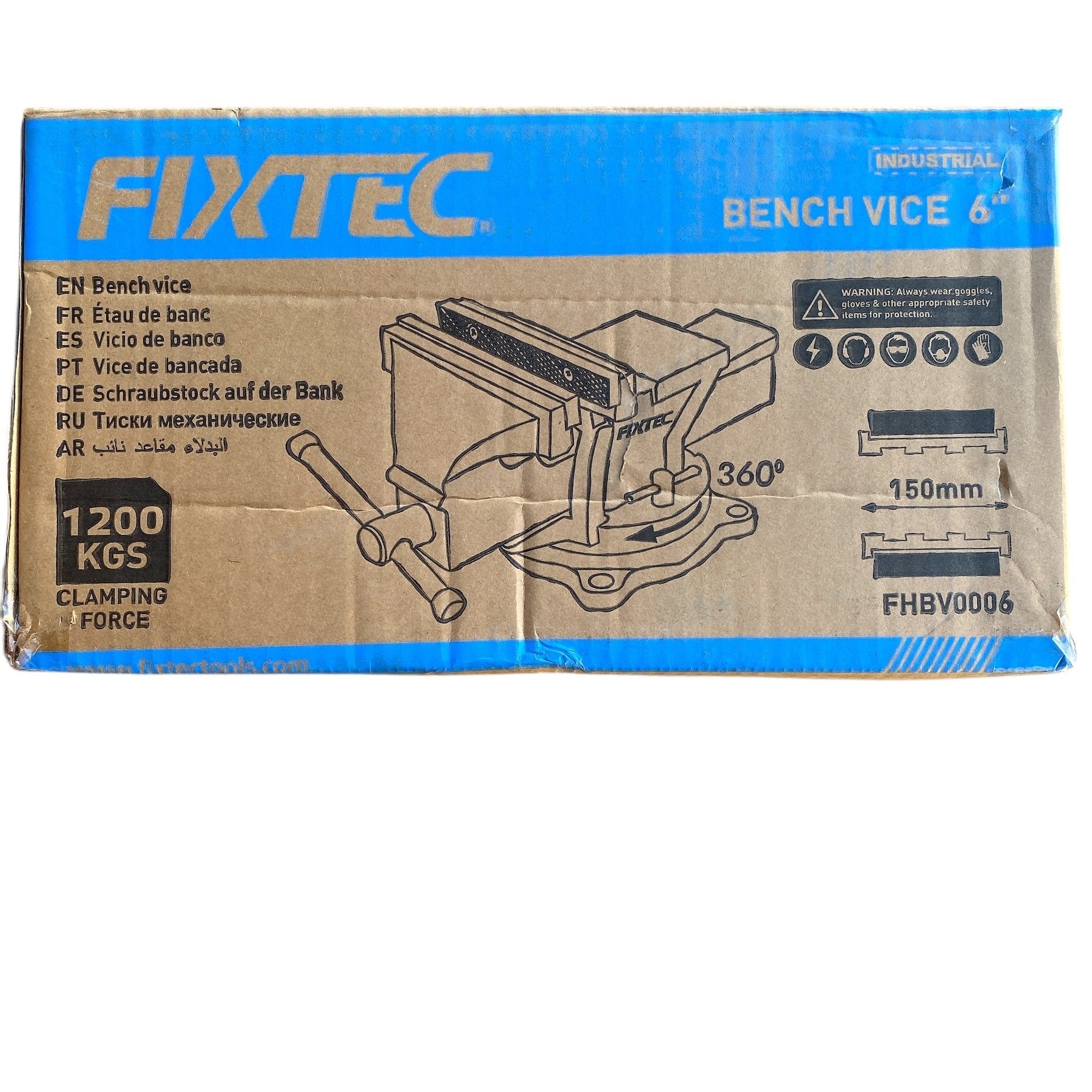 Box of Fixtec bench vice with blue and brown design