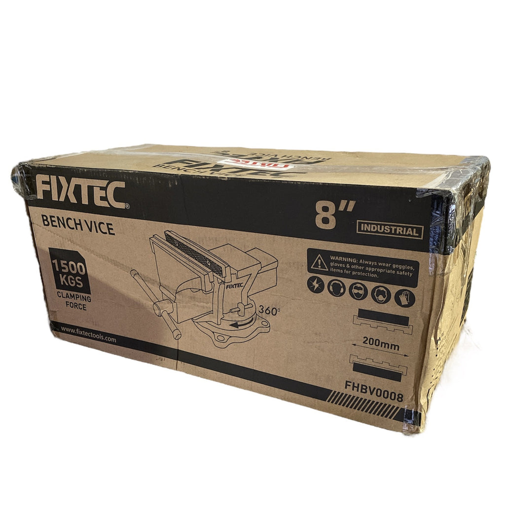 Cardboard box of a Fixtec bench vice on a white background
