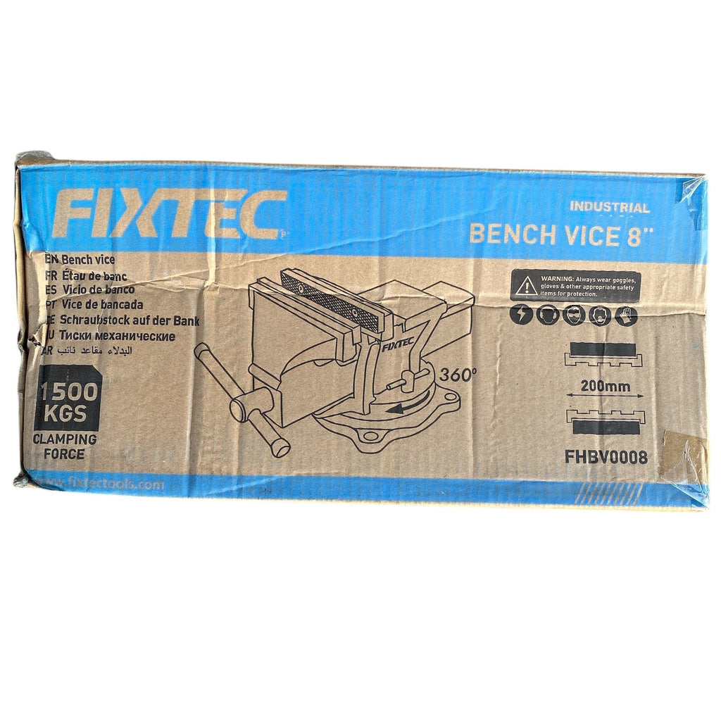 Box of Fixtec industrial bench vice 8" on a white background
