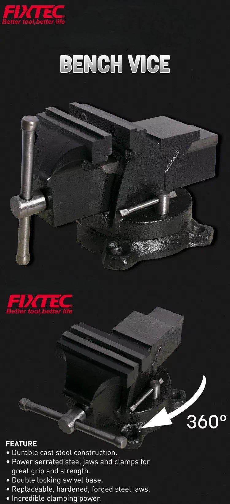 FIXTEC bench vice with 360-degree swivel base on a black background