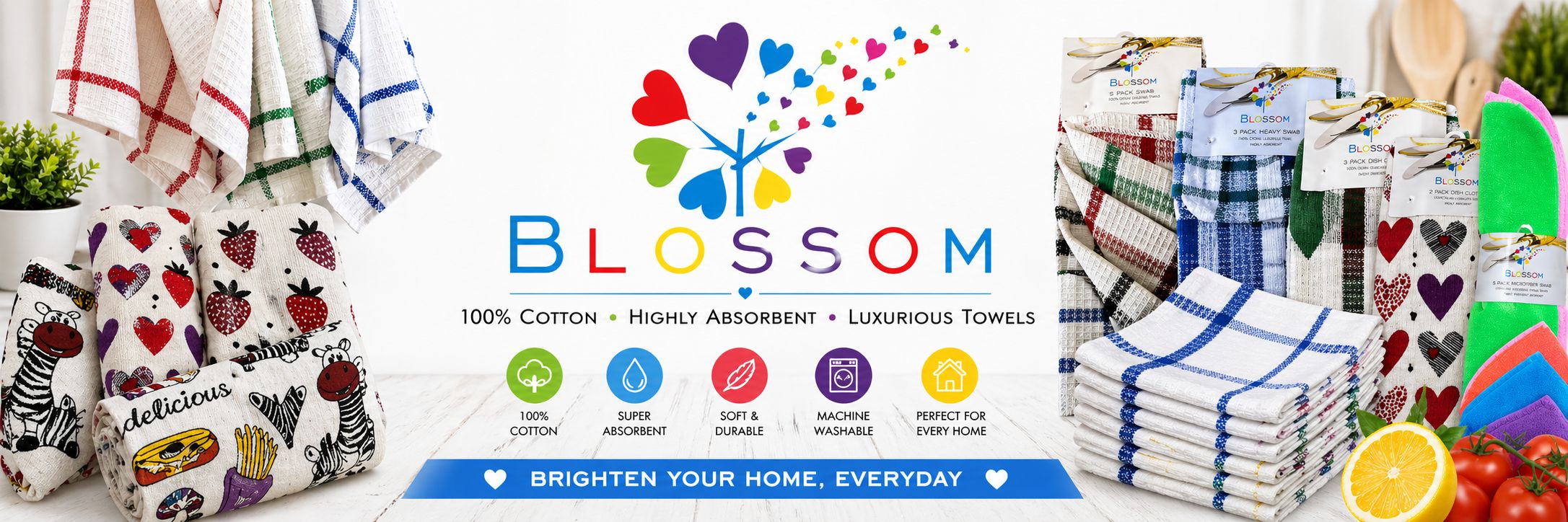 Blossom brand towels with colorful design and text on a white background