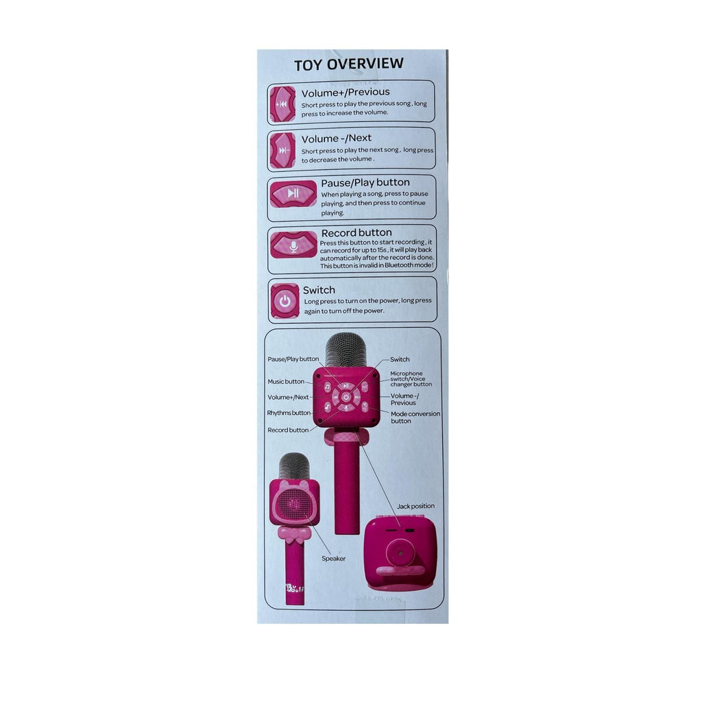 Pink toy microphone with control panel on a white background