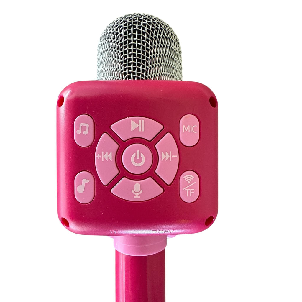 Pink microphone with control buttons on a white background