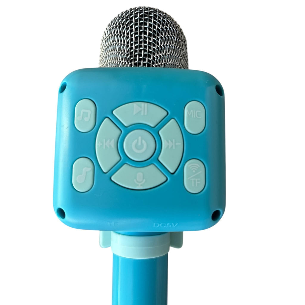 Blue microphone with control buttons on a white background