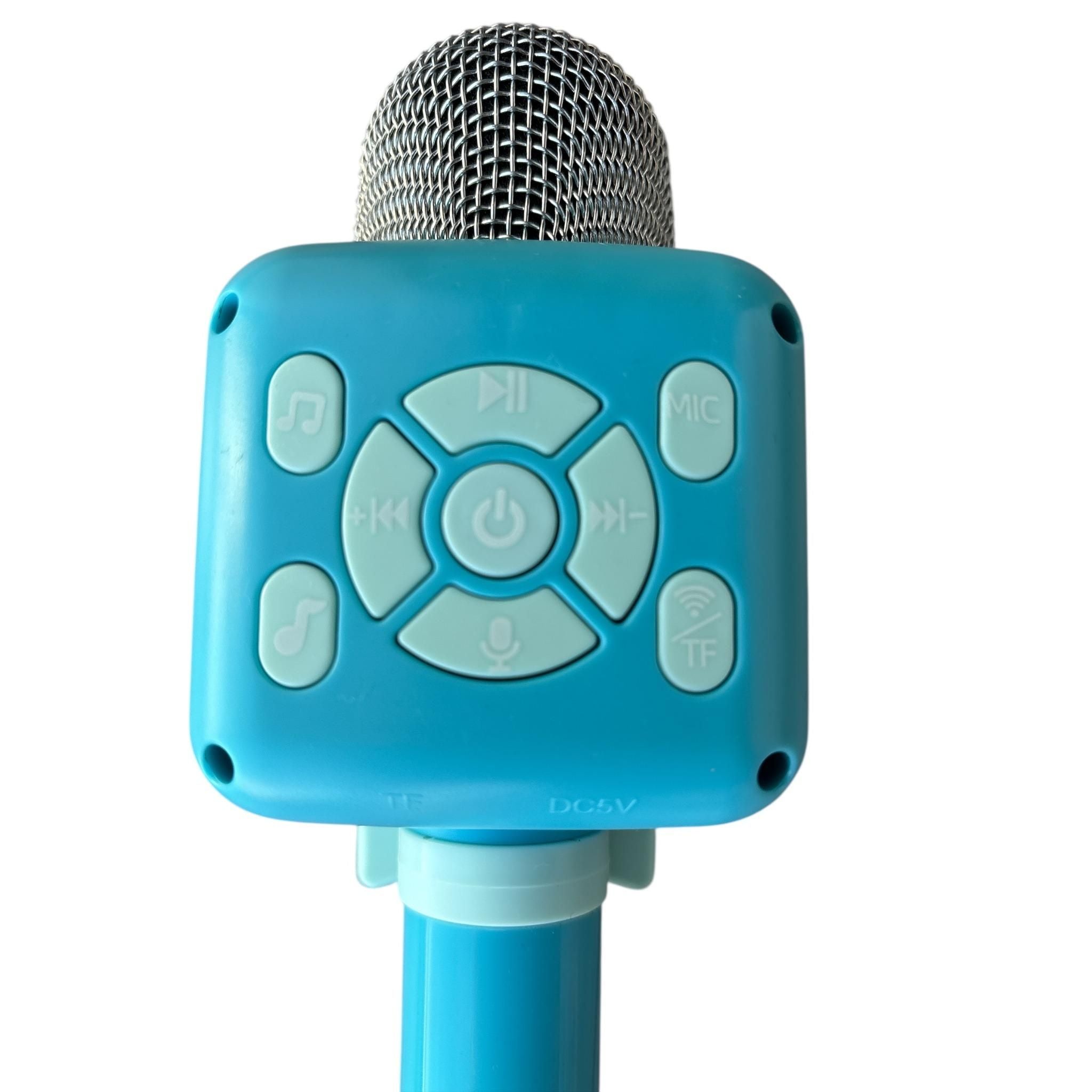 Blue microphone with control buttons on a white background