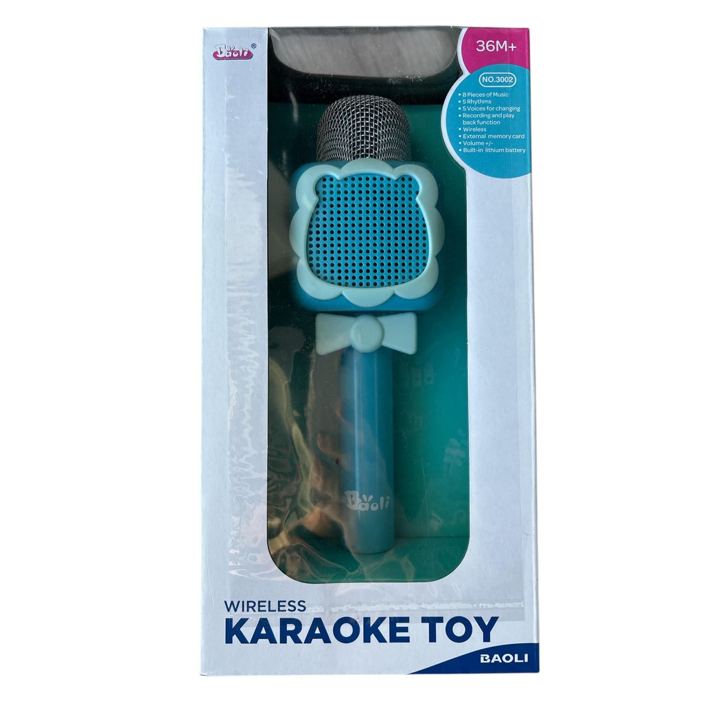 Blue wireless karaoke toy with teddy bear design in packaging