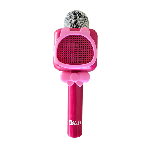 Pink microphone with a bow design on a white background