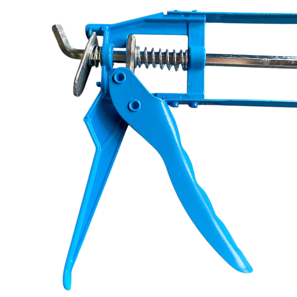 Blue plastic tool with metal components on a white background